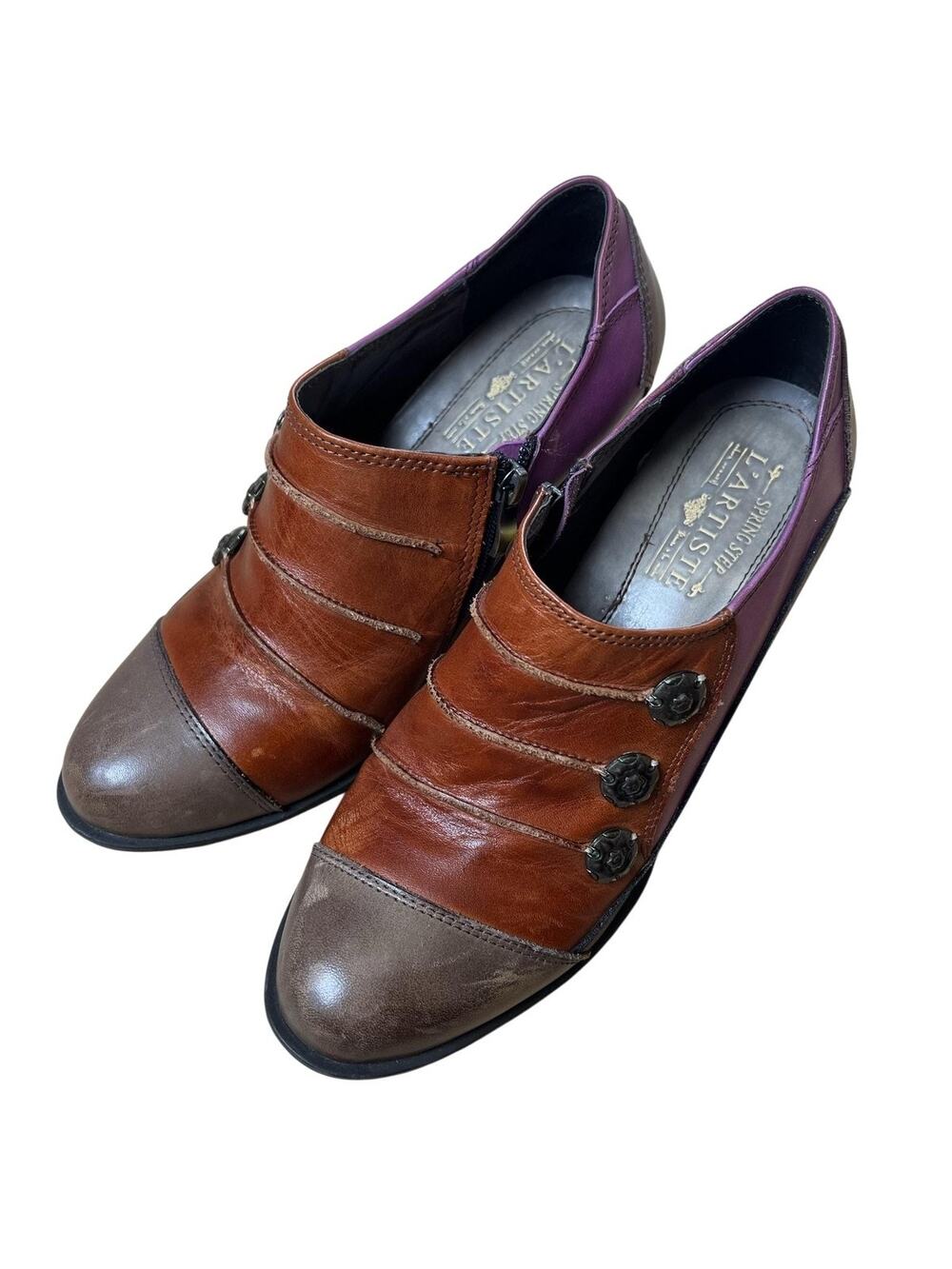 Spring Step L'Artiste Shoes Womens 10 Brown Leather Block Heel Boho Zip Buttons